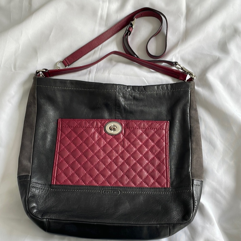 COACH Park Quilted Leather Colorblock Hobo Shoulder Bag, Black and Red Coach Bag